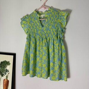 Pinch baby blue and lime green floral smocked top size Large